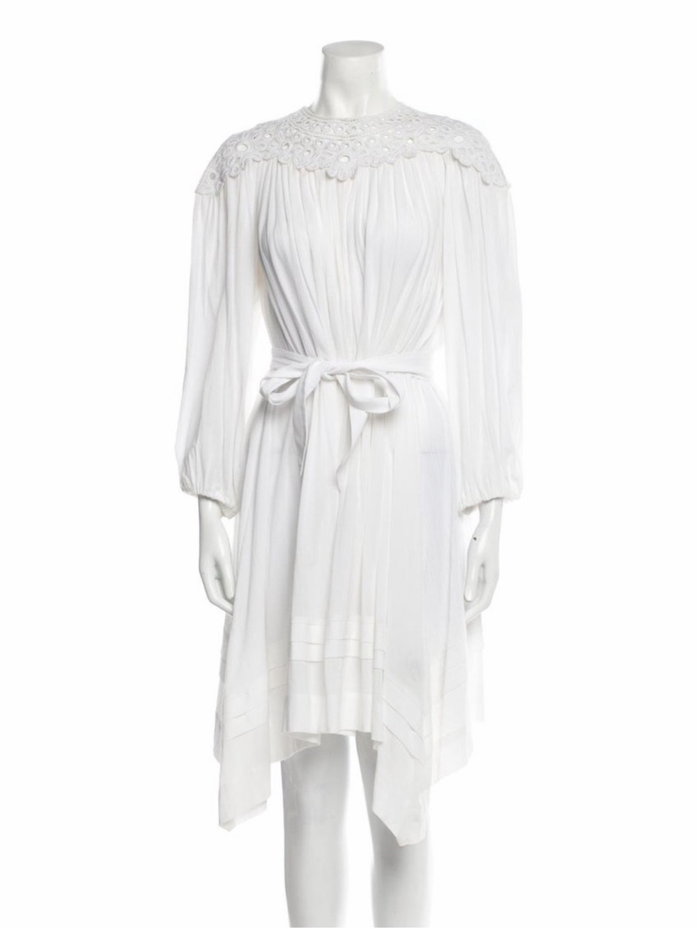 Isabel Marant: White Lace-Yoke Long Sleeve Tie-Waist Dress